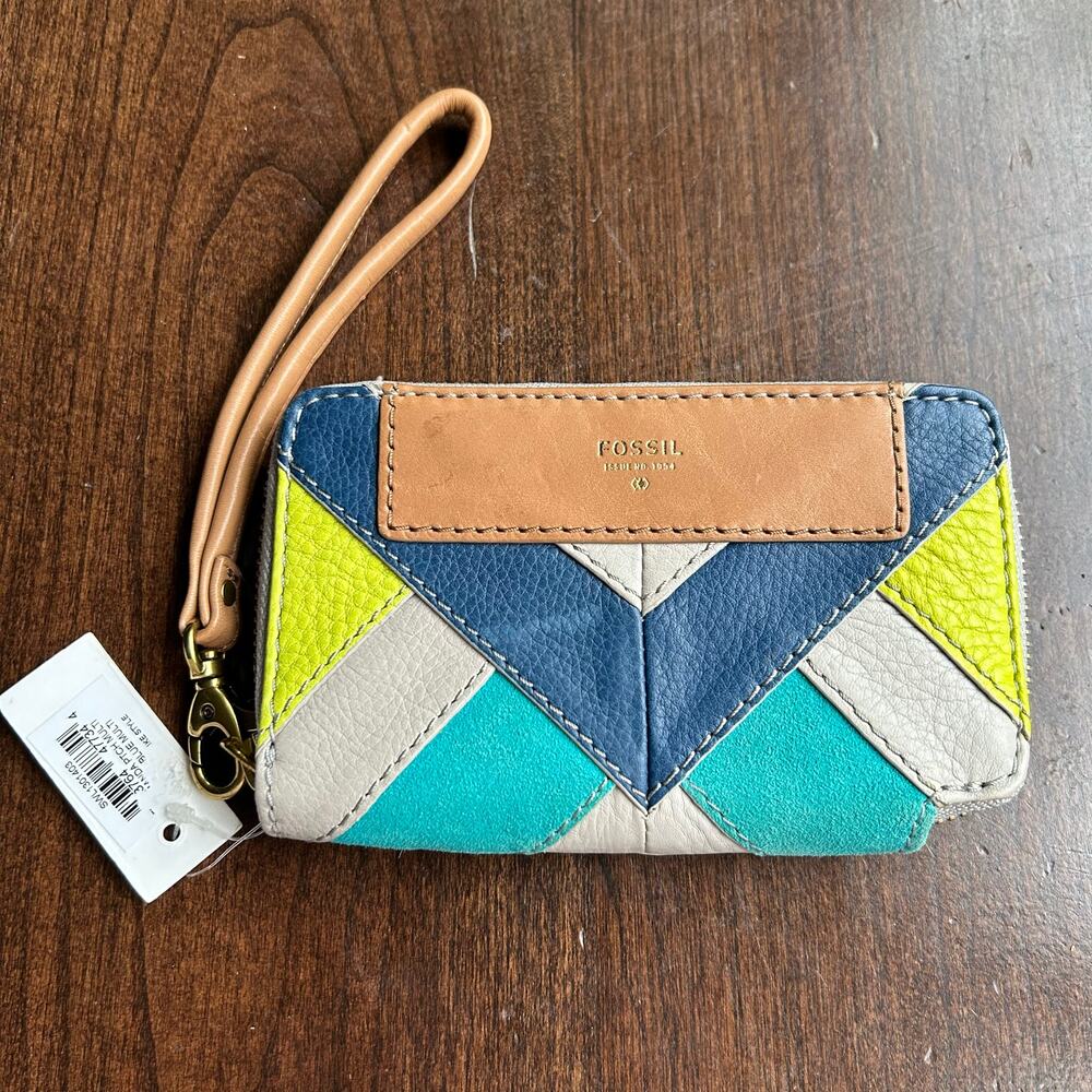 New! Fossil Amanda Patchwork Leather Suede Wristlet Wallet Clutch